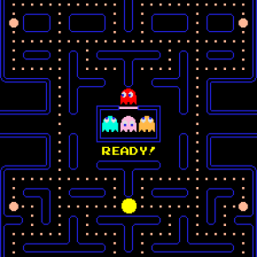The player controls Pac-Man, who must eat all the dots inside an enclosed maze while avoiding four colored ghosts. Eating large flashing dots called "Power Pellets" causes the ghosts to temporarily turn blue, allowing Pac-Man to eat them for bonus points.