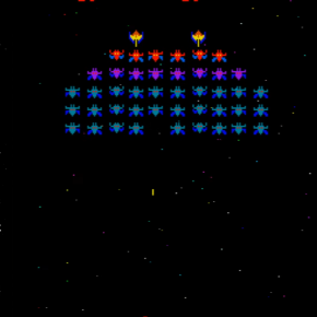 The player assumes control of the Galaxip starfighter in its mission to protect Earth from waves of aliens. Gameplay involves destroying each formation of aliens, who dive down towards the player in an attempt to hit them.